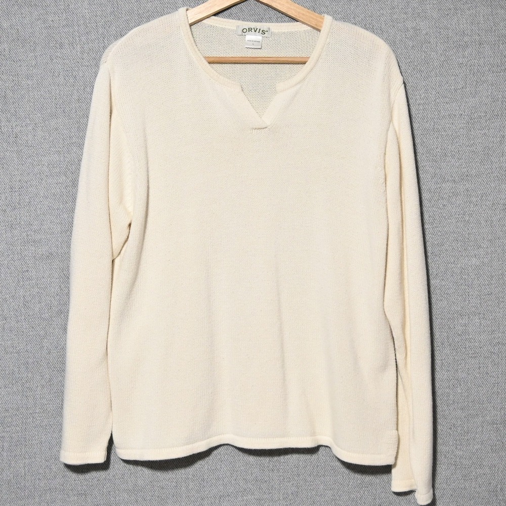 Orvis Sweater Womens Notch Neck 100% Cotton L Cream
